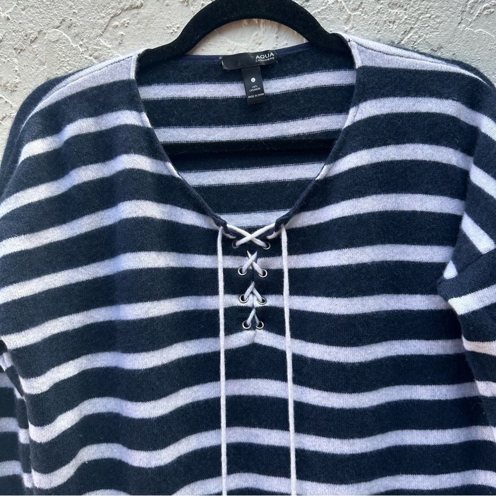 AQUA CASHMERE Sweater Women Large Henley Lace Up Stripe Nautical‎ Navy - Picture 2 of 5